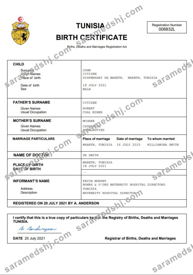Tunisia vital record birth certificate Word and PDF template
